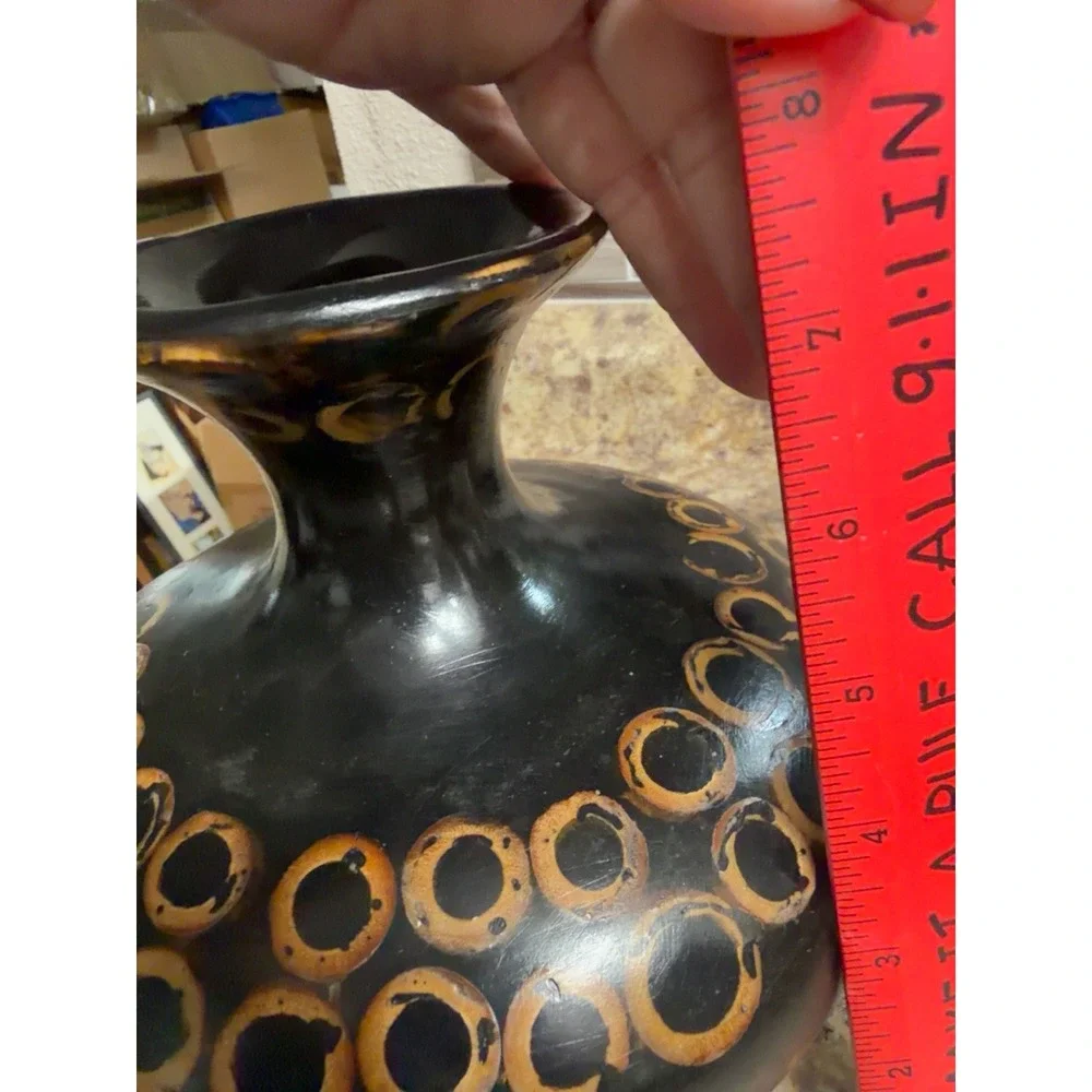 Vintage Black Ceramic Vase Abstract Gold Ring Design Mid Century Modern Studio 8